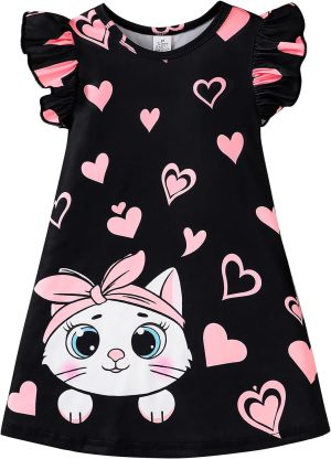 VeryNew Girls Ruffle Sleeve Dress A-Line Skater Kids Cute Cat Casual Dresses Summer Sundress for 4-8 Years
