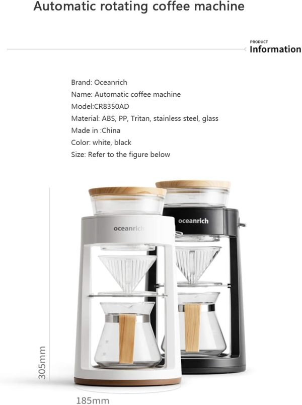 ⁦OCEANRICH Automatic Coffee Machine Drip Maker, Fliter Coffee Machine, Home Coffee Maker Drip Coffee Pot Filter (CR8350AD, Black)⁩ - الصورة ⁦2⁩