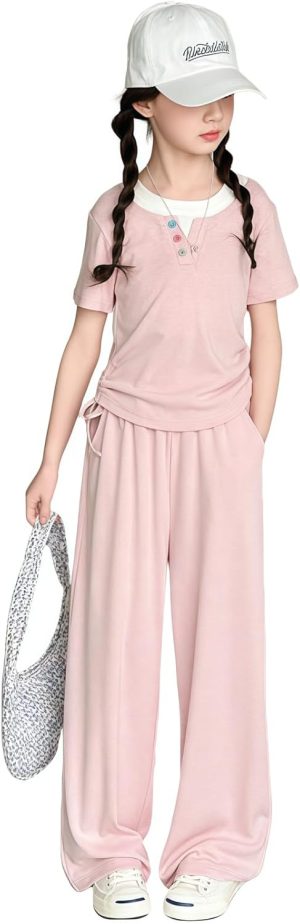 Girls' Summer Two-Piece Casual Set, Pink Short-Sleeve Top and Wide-Leg Trousers, Ages 5-16 Years clothing