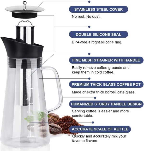 ⁦Azonee Cold Brew Coffee Maker, 1400ml Iced coffee maker Machine, with Removable 304 Stainless Steel Fine Mesh Infuser, Cold Brew Coffee Iced Hot Tea Maker, Cold Brew Tea and Fruit Infused Water⁩ - الصورة ⁦3⁩