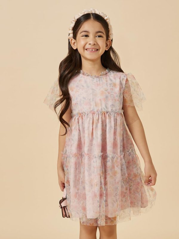 ⁦Styli Girls Floral Print Mesh Tiered Dress⁩ - الصورة ⁦3⁩