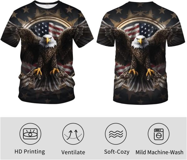 ⁦Liohans Vintage American Flag Animal Shirt T-Shirts Gorgeous Eagle Mountains Men Tee Top⁩ - الصورة ⁦5⁩