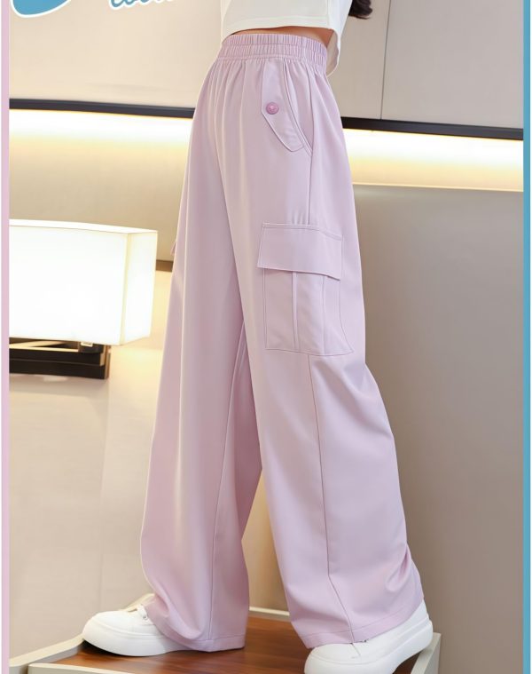 ⁦Girls' summer two-piece set, short short-sleeved top and wide-leg work pants, pinkish-purple and white, cool fabric, cute girl printed wide T-shirt + wide-leg pants, 5-16Y⁩ - الصورة ⁦8⁩