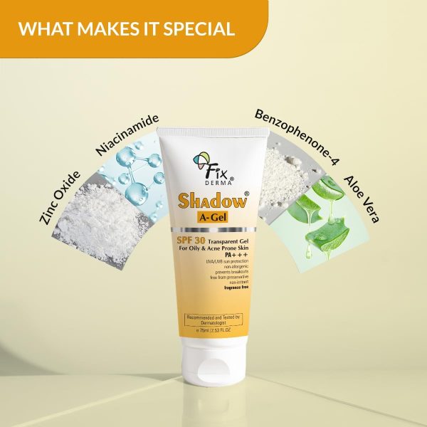 ⁦Fixderma Shadow Sunscreen A-Gel SPF 30 for Acne Prone Skin, Non-Oily, Broad Spectrum UVA and UVB Protection, Transparent Gel - 75ml⁩ - الصورة ⁦2⁩