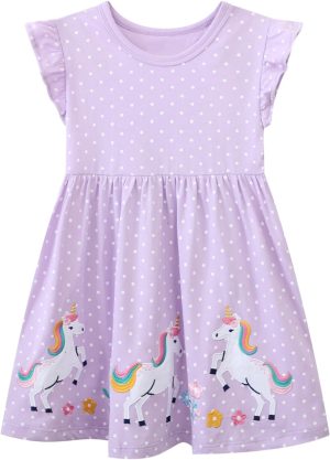 Runytek Toddler Girls Summer Dress Casual Cotton Short Sleeve Cartoon Print Striped Dress Basic Applique Playwear Dress 2-7T