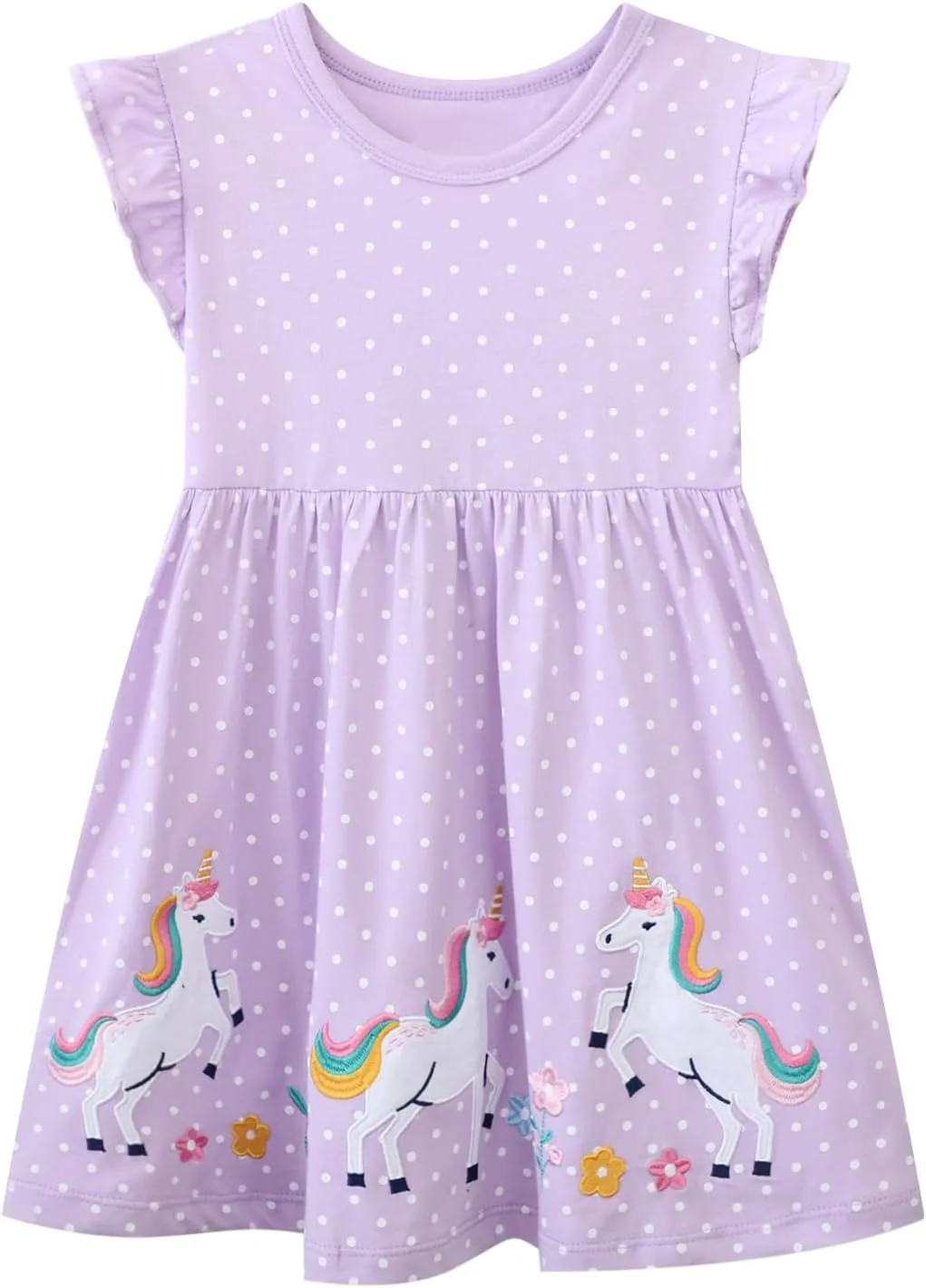 Runytek Toddler Girls Summer Dress Casual Cotton Short Sleeve Cartoon Print Striped Dress Basic Applique Playwear Dress 2-7T