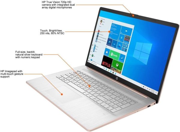 ⁦لابتوب اتش بي بافليون 17 2022، شاشة لمس HD+ 17.3، AMD رايزن 3 5300U (i7-8265U)، RAM 16GB، ذاكرة مستديمة SSD 512GB منفذ PCIe، بطارية عمر طويل، كاميرا ويب، ميكروفون، واي فاي، ويندوز 10 هوم، ذهبي وردي⁩ - الصورة ⁦4⁩