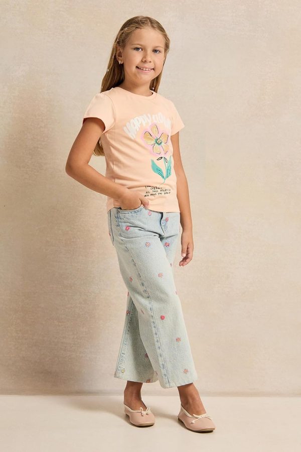 ⁦REDTAG Girls Orange Happy Flower Printed T-Shirt⁩ - الصورة ⁦3⁩