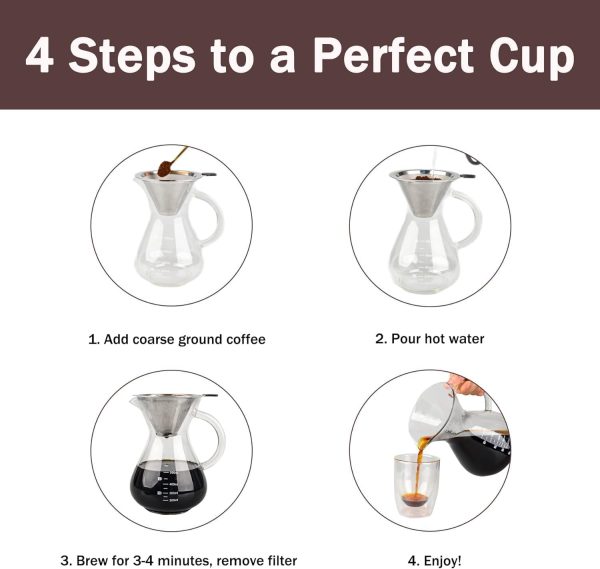 ⁦Azonee Pour Over Coffee Maker, 600ml Paperless Borosilicate Glass Carafe With Reusable Stainless Steel Permanent Filter - Clear Manual Dripper Brewer for Home Office⁩ - الصورة ⁦9⁩