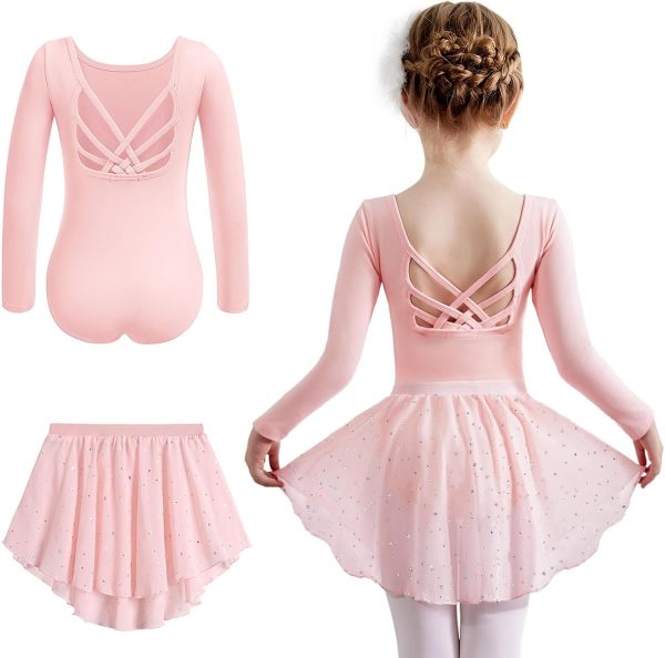 ⁦Trezalmyx Girls Ballet Leotard with Long Sleeve, Crisscross Back Dance Dress & Removable Shiny Skirt Combo for Kids⁩ - الصورة ⁦8⁩