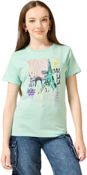 REDTAG Senior Girls Blue Paris Print T-Shirt