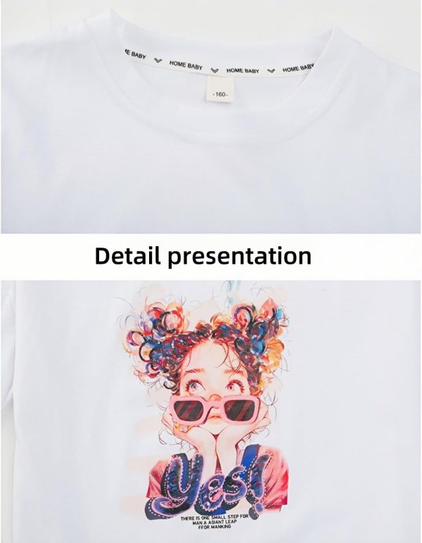 ⁦Summer casual two-piece set for girls, wide-leg pants and casual T-shirt, 5-16Y cute clothing, cool girl printed short-sleeved top + long pants, pink wide-leg pants⁩ - الصورة ⁦8⁩