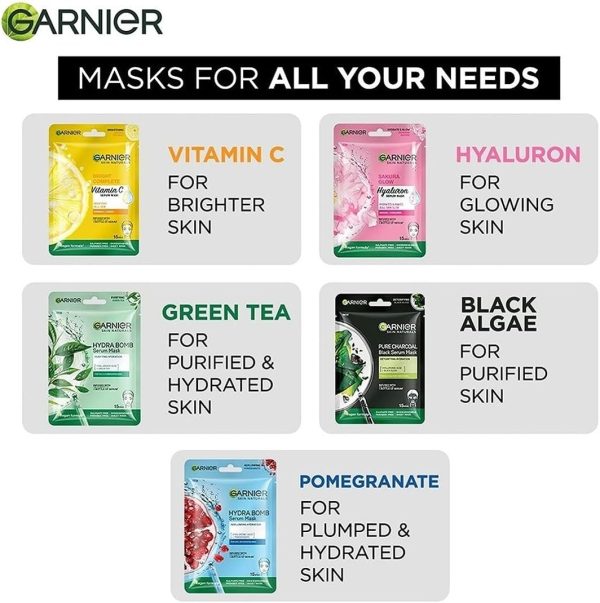 ⁦Garnier Skin Naturals Face Serum Sheet Mask (2 Each Of Light Complete, Charcoal, Sakura, Hydrabomb and Hydrabomb ) 421g (Pack of 10)⁩ - الصورة ⁦8⁩
