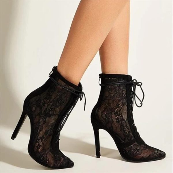 ⁦SPEES Boots for Women Basic Sandals, Boots, Women's High Heels, Shallow Sexy Hollow Mesh Lace-up Cross Lace-up Boots, Party Shoes, Party (Color : Black, Size : 39 EU)⁩ - الصورة ⁦3⁩