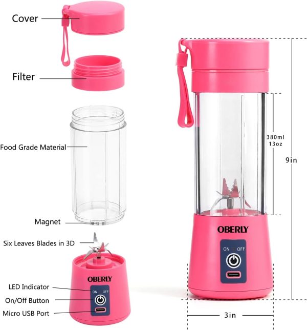 ⁦OBERLY Portable Blender, Smoothie Juicer Cup - Six Blades in 3D, 13oz Fruit Mixing Machine with 2000mAh USB Rechargeable Batteries, Ice Tray, Detachable Cup⁩ - الصورة ⁦9⁩