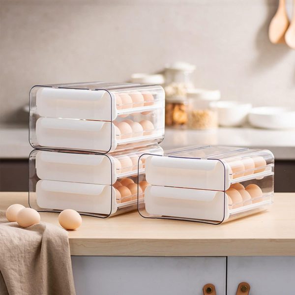 ⁦Arabest Large Capacity Egg Holder for Refrigerator,Egg Storage Container Organizer Bin,Stackable Clear Plastic Storage Container,Egg Fresh Storage Box with Handles,Household Egg Holder (White)⁩ - الصورة ⁦7⁩