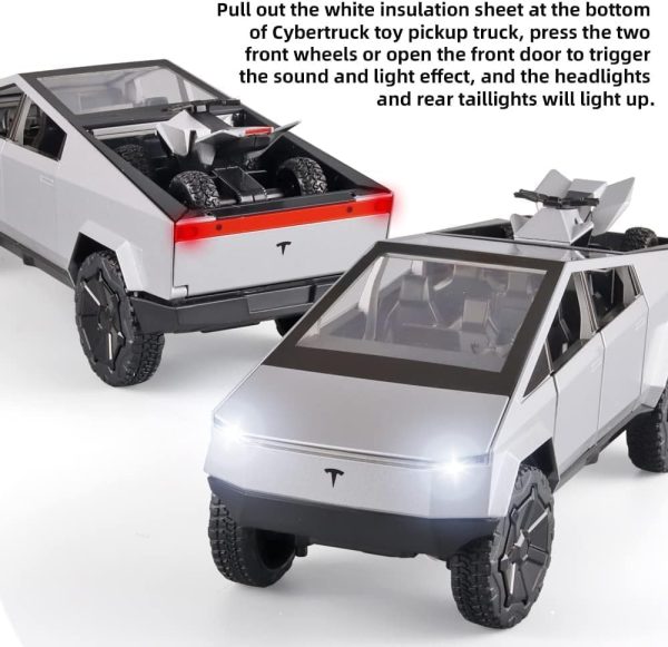 ⁦ALMEKAQUZ Tesla Cybertruck Pickup Alloy Die Casting Toy Car Metal Car Model Sound and Light Pull Back Toys Gift Series Silver (1/24 Scale)⁩ - الصورة ⁦3⁩