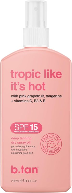 b.tan tanning oil for outdoor sun - tropic like it's hot - moisturizing tanning oil with spf 15, enriched with vitamins C, B5 & E - tanning oil spray, tanning sunscreen oil, browning lotion, 8 fl oz