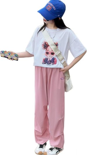 Summer casual two-piece set for girls, wide-leg pants and casual T-shirt, 5-16Y cute clothing, cool girl printed short-sleeved top + long pants, pink wide-leg pants