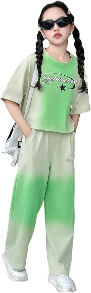 Girls' Summer Two-Piece Set, Pink Gradient T-Shirt and Wide-Leg Trousers, Ages 4-15 Years，Children's tie-dyed casual sportswear set