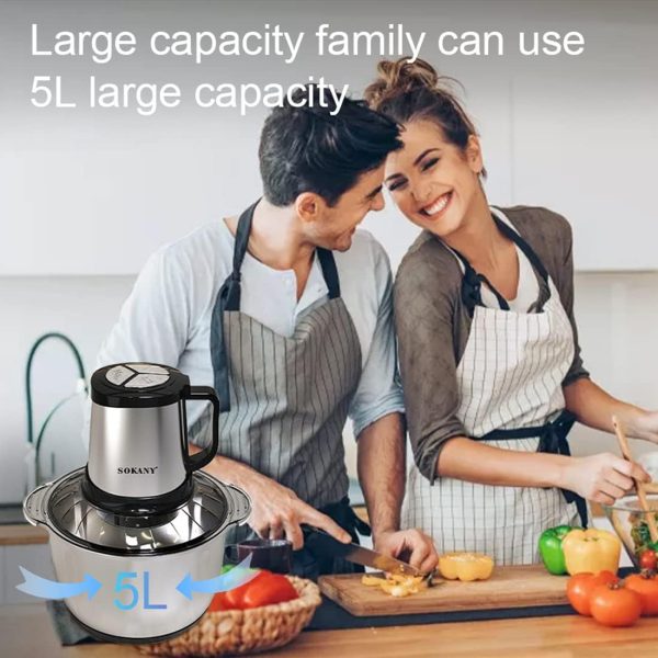 ⁦SOKANY SK-7015 800W Meat Grinder Electric, Food Processor Onion Vegetable Garlic Chopper Electric 4 Blades 5L Robust Stainless Steel Bowl (SK-7015, 800W, 5L)⁩ - الصورة ⁦6⁩