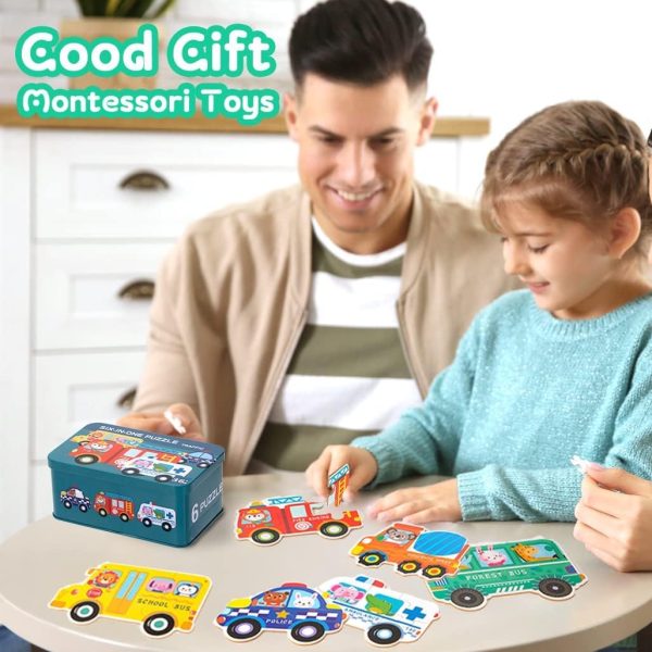 ⁦Wooden Puzzles for Kids, 6 Pack Vehicle Jigsaw Puzzle Toy, Varying Degree of Difficulty Educational Learning Tool with Storage Box, Traveling Games Gift for 3 Year Old Girls & Boys Toddler Children⁩ - الصورة ⁦6⁩