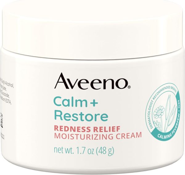 Aveeno Calm + Restore Redness Relief Moisturizing Cream, Daily Facial Cream for Sensitive Skin Instantly Calms & Soothes the Appearance of Redness, Fragrance-Free & Hypoallergenic, 1.7 oz