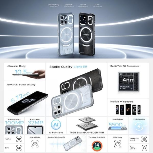 ⁦Doo.gee Smartphone - Powerful 5G Rugged Device with 100MP Camera, Dimensity 7300 CPU, 16GB RAM + 512GB Storage, IP68/IP69K Rated, and Android 14 LED Light Effect (Moon Shadow Black) (Silver)⁩ - الصورة ⁦6⁩