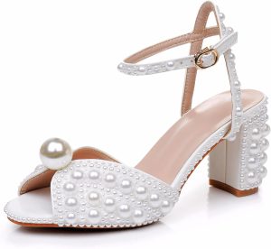 Crystal Queen Ivory Pearls Block Heel Sandals Chunky High Heels Peep Toe Sandals White Pearls Bridal Wedding Shoes Evening Wedding Sandals Pump Heels For Bride