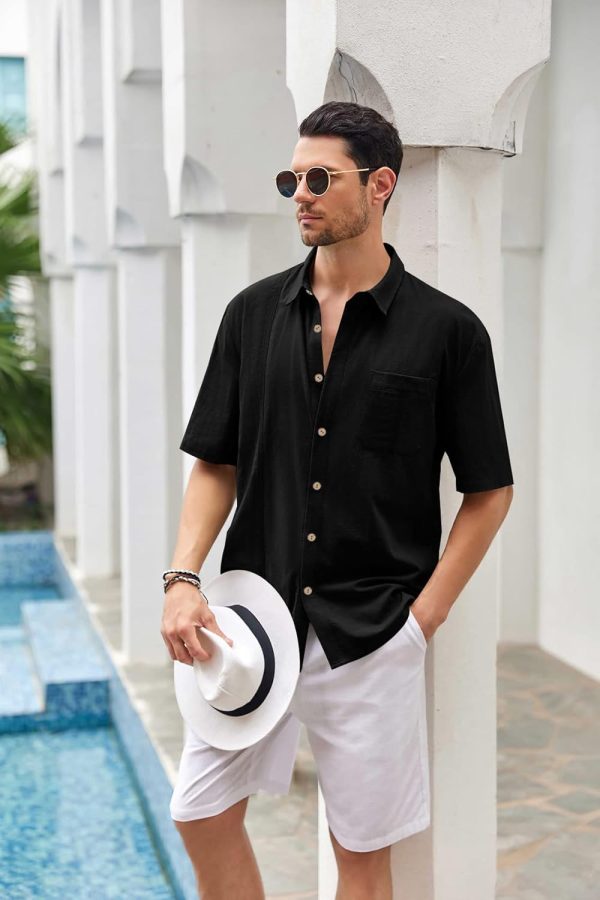 ⁦Mens Beach Linen Shirts Short Sleeve Cuban Button Down Casual Summer T Shirt Guayabera Hawaiian Tee Loose Fit Tops⁩ - الصورة ⁦2⁩