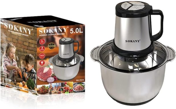 ⁦SOKANY SK-7015 800W Meat Grinder Electric, Food Processor Onion Vegetable Garlic Chopper Electric 4 Blades 5L Robust Stainless Steel Bowl (SK-7015, 800W, 5L)⁩ - الصورة ⁦7⁩