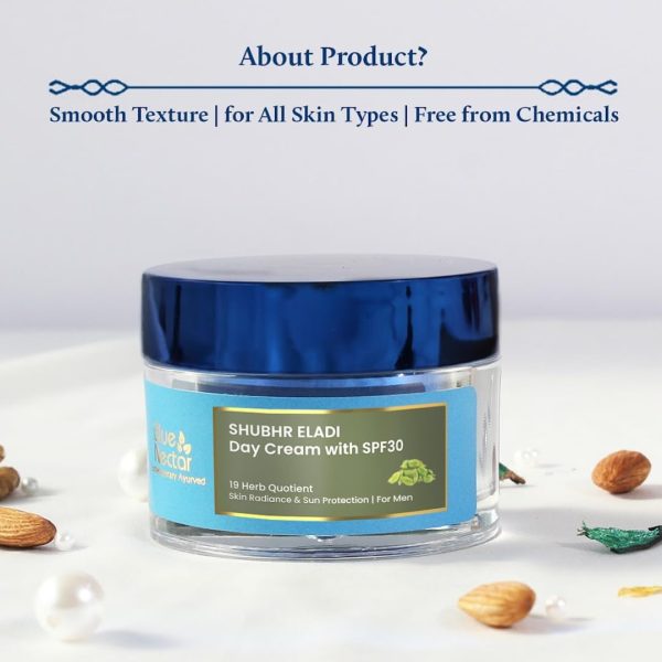 ⁦Blue Nectar SPF 30 Brightening Day Cream for Men Daily Use with Plant Based Actives | Eladi & Kumkumadi Cream for Sun Protection & Skin Brightening (16 Herbs, 50g)⁩ - الصورة ⁦4⁩