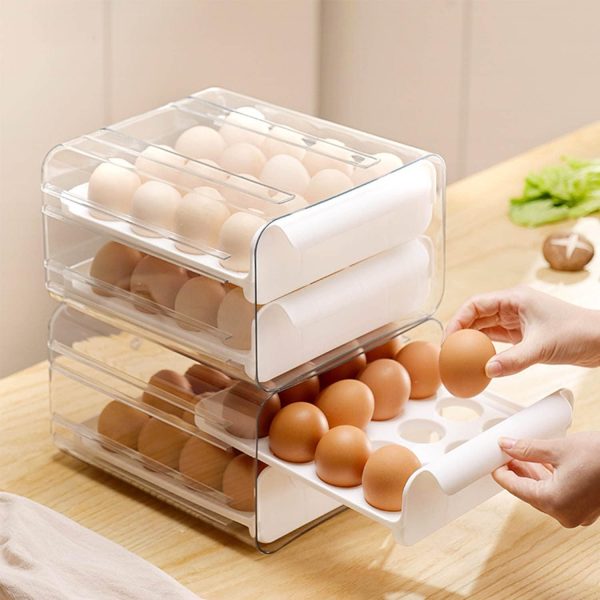 ⁦Arabest Large Capacity Egg Holder for Refrigerator,Egg Storage Container Organizer Bin,Stackable Clear Plastic Storage Container,Egg Fresh Storage Box with Handles,Household Egg Holder (White)⁩ - الصورة ⁦6⁩