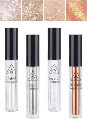 4Pcs Liquid Glitter Eyeshadow & Eyeliner Kit Set for Korean Makeup, Sparkling Shimmer Metallic Eye Glitter for Under Eye Tear-Drop Make Up, Quick-Dry Loose Glitter Glue for Crystal Mermaid Looks