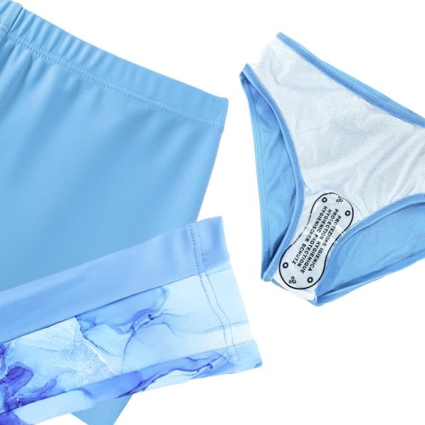 ⁦3-Piece Girls Modest Swimsuit Set, Long Sleeve Rash Guard with Leggings, Blue Marble Print, UPF 50+⁩ - الصورة ⁦5⁩