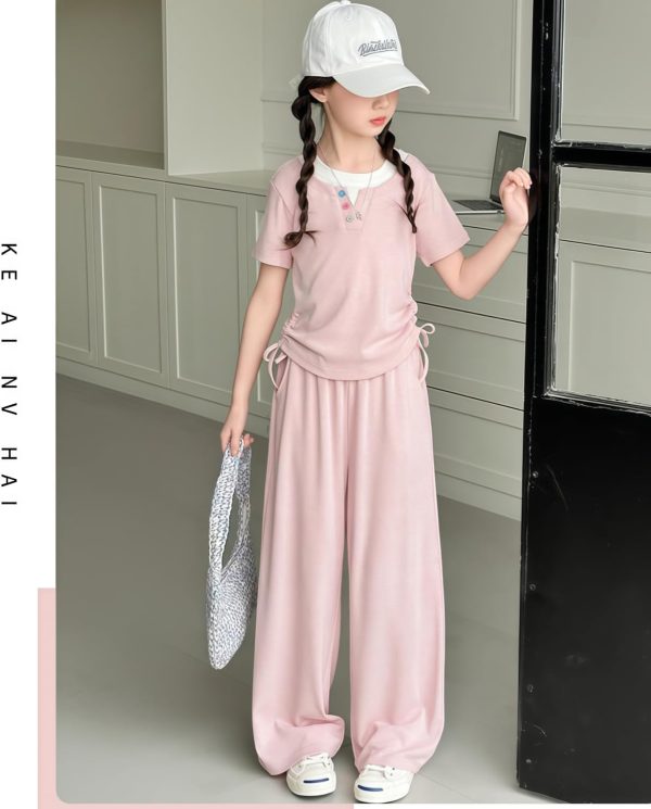 ⁦Girls' Summer Two-Piece Casual Set, Pink Short-Sleeve Top and Wide-Leg Trousers, Ages 5-16 Years clothing⁩ - الصورة ⁦2⁩