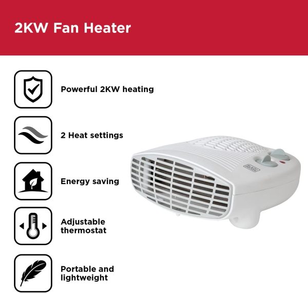 ⁦Black & Decker BXSH37005GB Fan Heater, 2 Heat Settings, 1 Fan Setting, Adjustable Thermostat, 2KW, White⁩ - الصورة ⁦2⁩