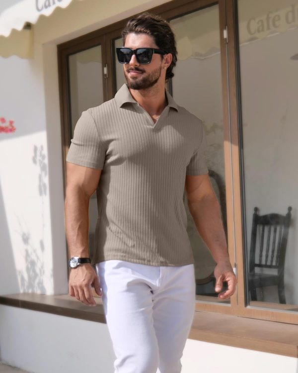 ⁦YTD Men's Muscle V Neck Polo Shirts Slim Fit Solid Short Sleeve Golf T-Shirts Ribbed Knit Soft Tees⁩ - الصورة ⁦3⁩