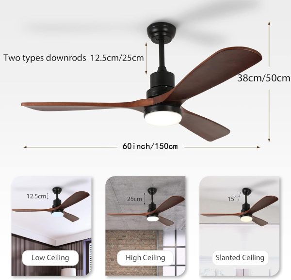 ⁦60" Ceiling Fan with Light Remote Control, Modern Smart Outdoor Ceiling Fans, Wood Walnut 3 Blades, Noiseless Reversible 6-Speed Motor for Bedroom, Garage, Patios, Kitchen, Farmhouse⁩ - الصورة ⁦2⁩