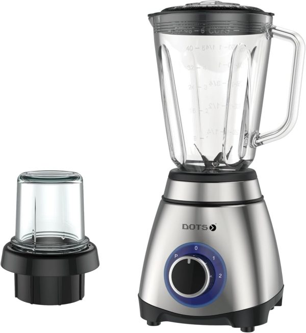 2 in 1 Glass Electric Blender, 600W – Grinder Included, Ice Crushing Blades, 2 Speeds + Pulse, Stainless Steel Body, Non-Slip Base, 1.5L Capacity