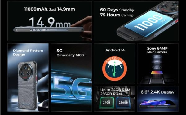 ⁦Global Version Oukite WP35 5G Rugged Smartphone 6.6" 2.4K 11000 mAh 24GB+256GB Mobile Phone Android 14 64 MP NFC Cell Phone⁩ - الصورة ⁦3⁩