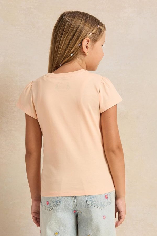 ⁦REDTAG Girls Orange Happy Flower Printed T-Shirt⁩ - الصورة ⁦4⁩