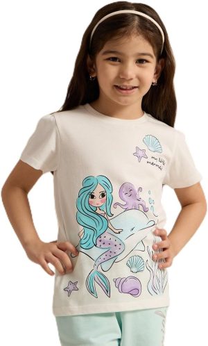 REDTAG Girls Ivory Mermaid Placement Print T-Shirt