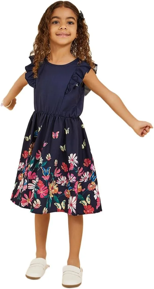 Styli Girls Placement Print Ruffled Sleeve Dress
