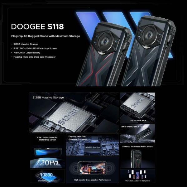 ⁦DOO.GEE S118 Rugged Smartphone 20GB(8GB+12GB Extended) 512GB 6.58" FHD+ Screen 50MP Camera Android 14 Cellphone⁩ - الصورة ⁦8⁩
