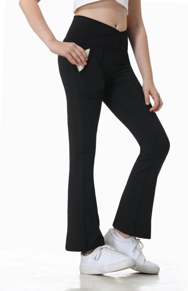 ⁦Jinhiteam Leggings with Pockets for Girls Solid Black Stretch High Waist Tummy Control Workout Dance Bootcut Yoga Pants⁩ - الصورة ⁦2⁩