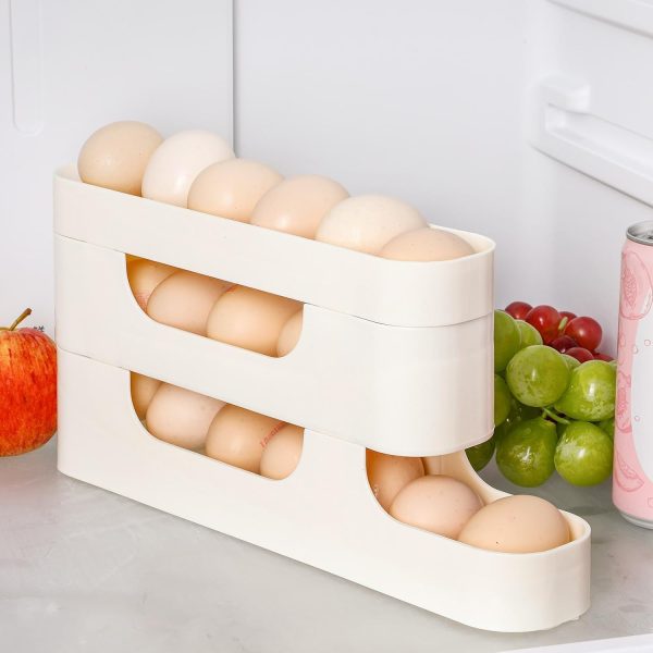 ⁦Egg Holder for Fridge Egg Dispenser, 3 Tiers Auto Rolling Fridge Egg Organizer, Space Saving Egg Dispenser Holder, Stackable Eggs Fridge Egg Rack, Large Capacity Egg Dispenser for Refrigerator, White⁩ - الصورة ⁦3⁩