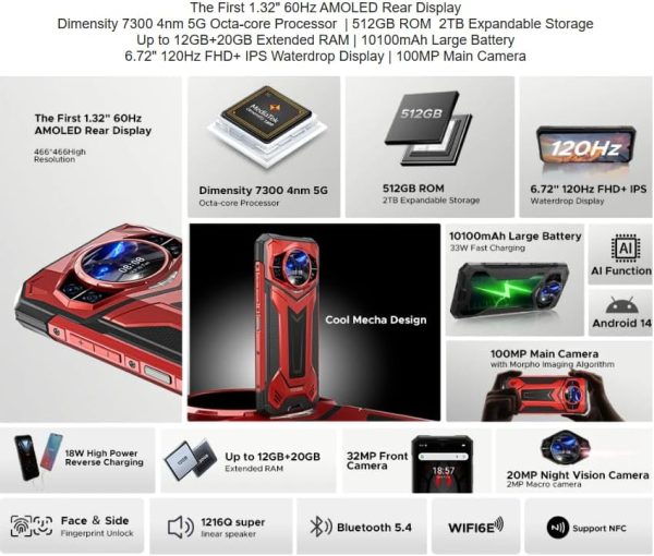 ⁦S200 Plus 5G Rugged Phone Dimensity 7300 4nm 1.32" Rear Display AI Image 6.72'' 12+512GB 10100 mAh Battery Smart Phone ﻿⁩ - الصورة ⁦3⁩