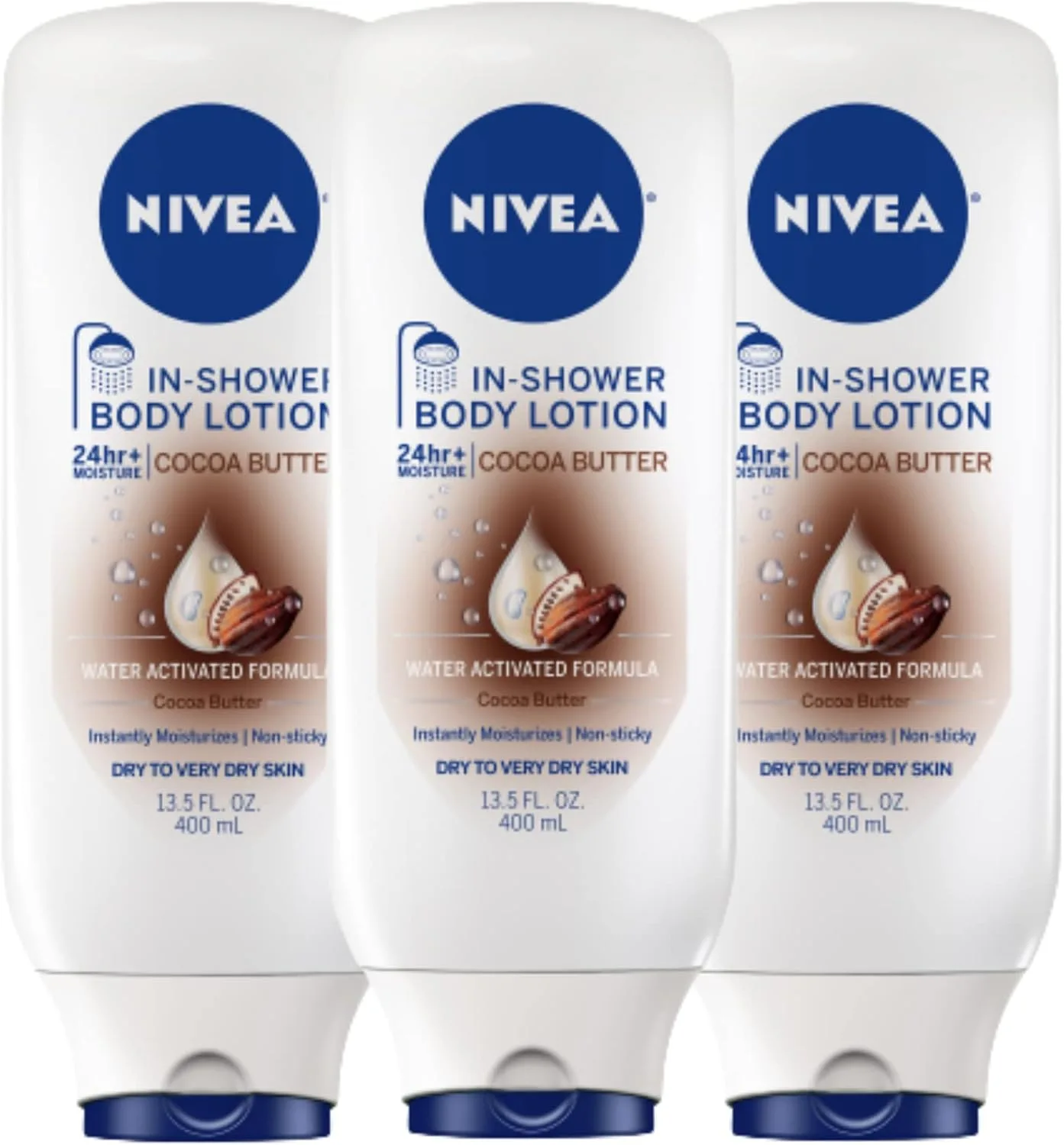 Nivea Body Cocoa Butter In-Shower Lotion - Non-Sticky For Dry to Very Dry Skin - 13.5 fl. oz. Bottle (Pack of 3)