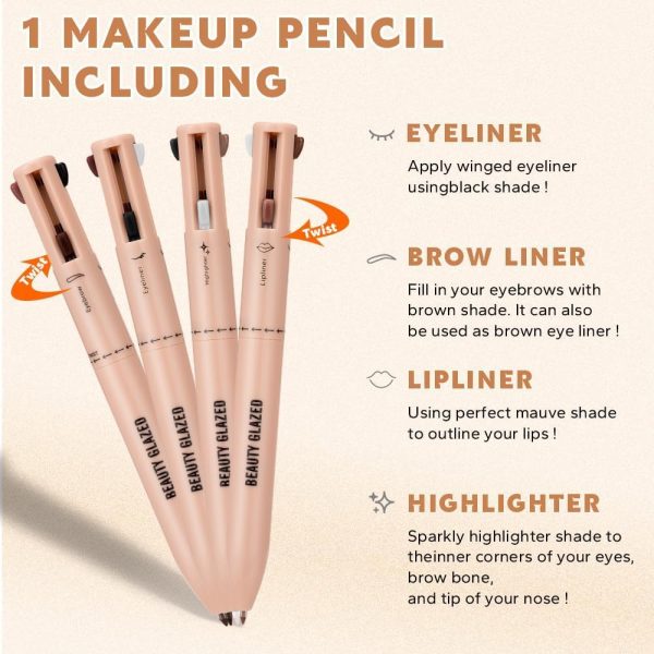 ⁦Azonee 4 Colors Multi-Function Makeup Pen - Eyebrow Pencil, Eyeliner, Lip Liner & Highlighter - Multifunctional Makeup Pencil, Portable Beauty Cosmetics Set, Suitable for Travel Cosmetics⁩ - الصورة ⁦4⁩